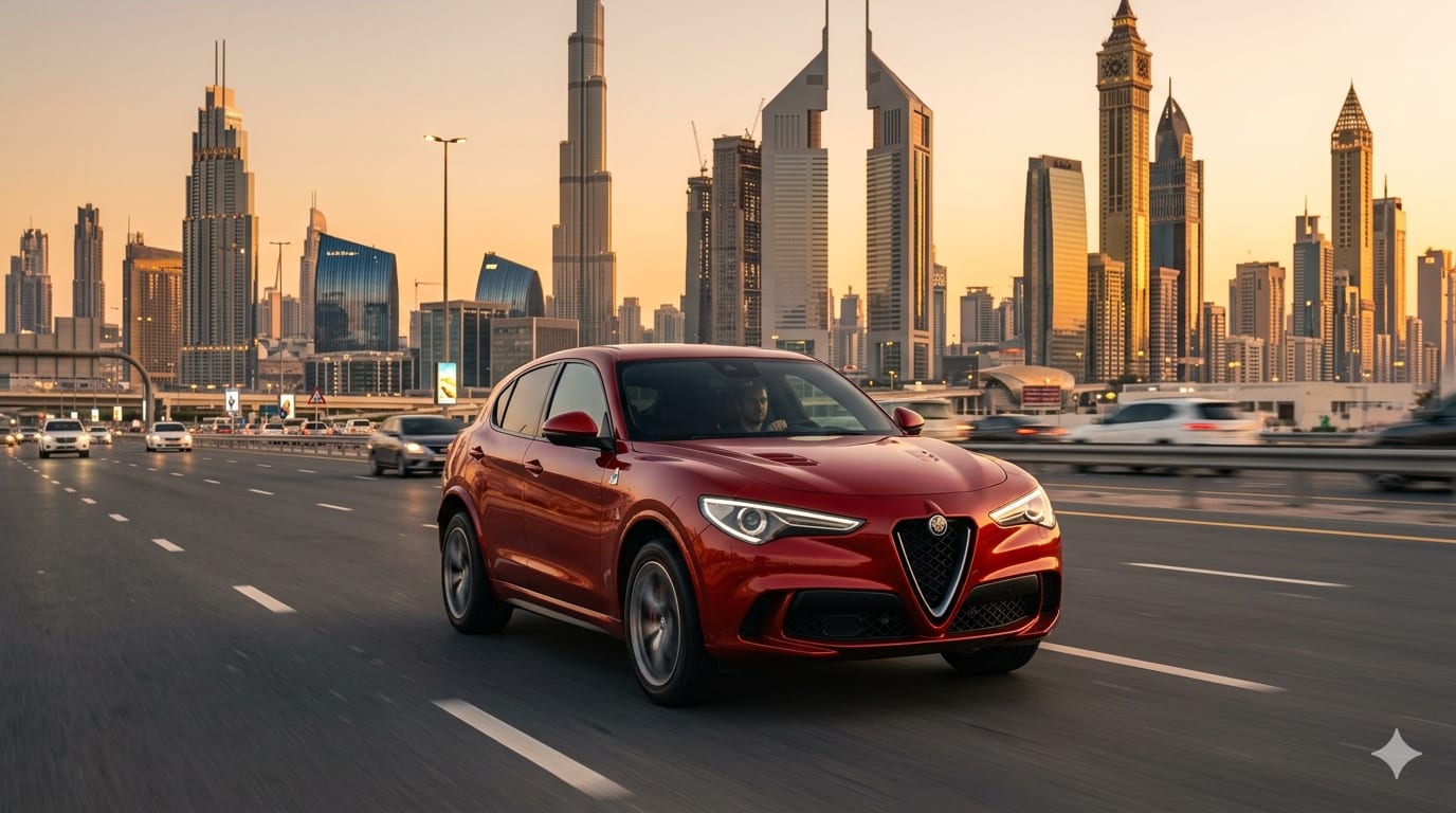 Red Alfa Romeo Stelvio Quadrifoglio on Dubai highway