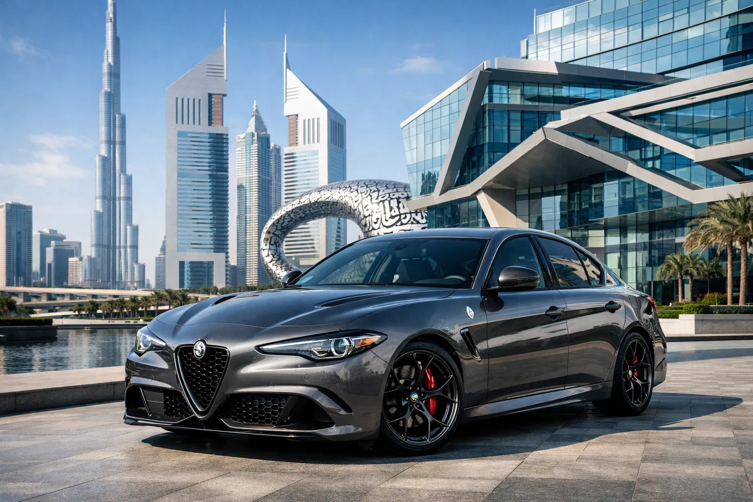 Alfa Romeo Giulia Quadrifoglio with Dubai skyline and Burj Khalifa